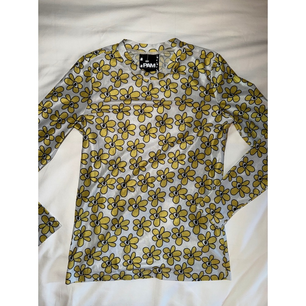 PAM Perks and Mini Womens XS Floral Mesh Long Sleeve Top Yellow White Streetwear
